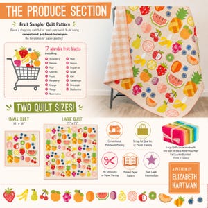May include: A colorful fruit sampler quilt pattern with a shopping cart graphic. The quilt features 17 fruit block designs, including strawberries, bananas, and watermelons. Available in two sizes: 38" x 38" and 75" x 75".