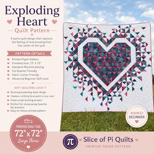 May include: A large, white quilt with a heart-shaped design in the center. The heart is filled with colorful triangles in shades of pink, teal, and purple. The quilt measures 72 x 72 inches.