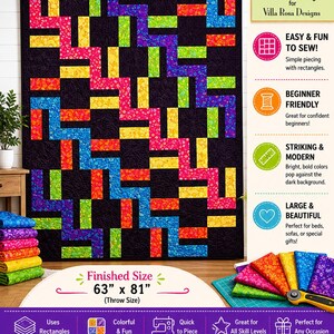 May include: A colorful quilt with a black background and a "French Braids" design. The quilt features a bold pattern of interlocking rectangles in shades of pink, yellow, blue, green, and purple. The finished size is 63" x 81".