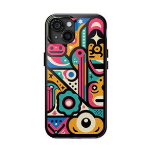 May include: A black phone case with a colorful abstract design. The design features geometric shapes, stars, and a large eye.