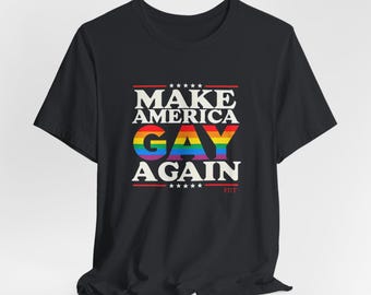 アメリカを再びゲイの国にしようTシャツ：LGBTQ+プライドレインボー、反トランプTシャツ