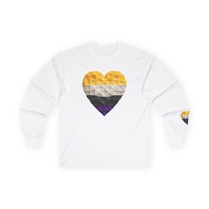 Nonbinary Pride Long Sleeve Tee, 3D Heart, LGBTQAI+ Enby