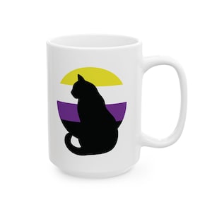 Nonbinary Black Cat Ceramic Mug, NB 11oz 15oz Cup, Genderqueer Coffee Tea Gift, LGBTQ Pride Kitchenware Decor, Cat Lover Drinking