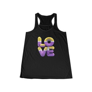 May include: Black tank top with a graphic of the word "LOVE" in a 3D style, with the letters colored in yellow, purple, and white stripes.