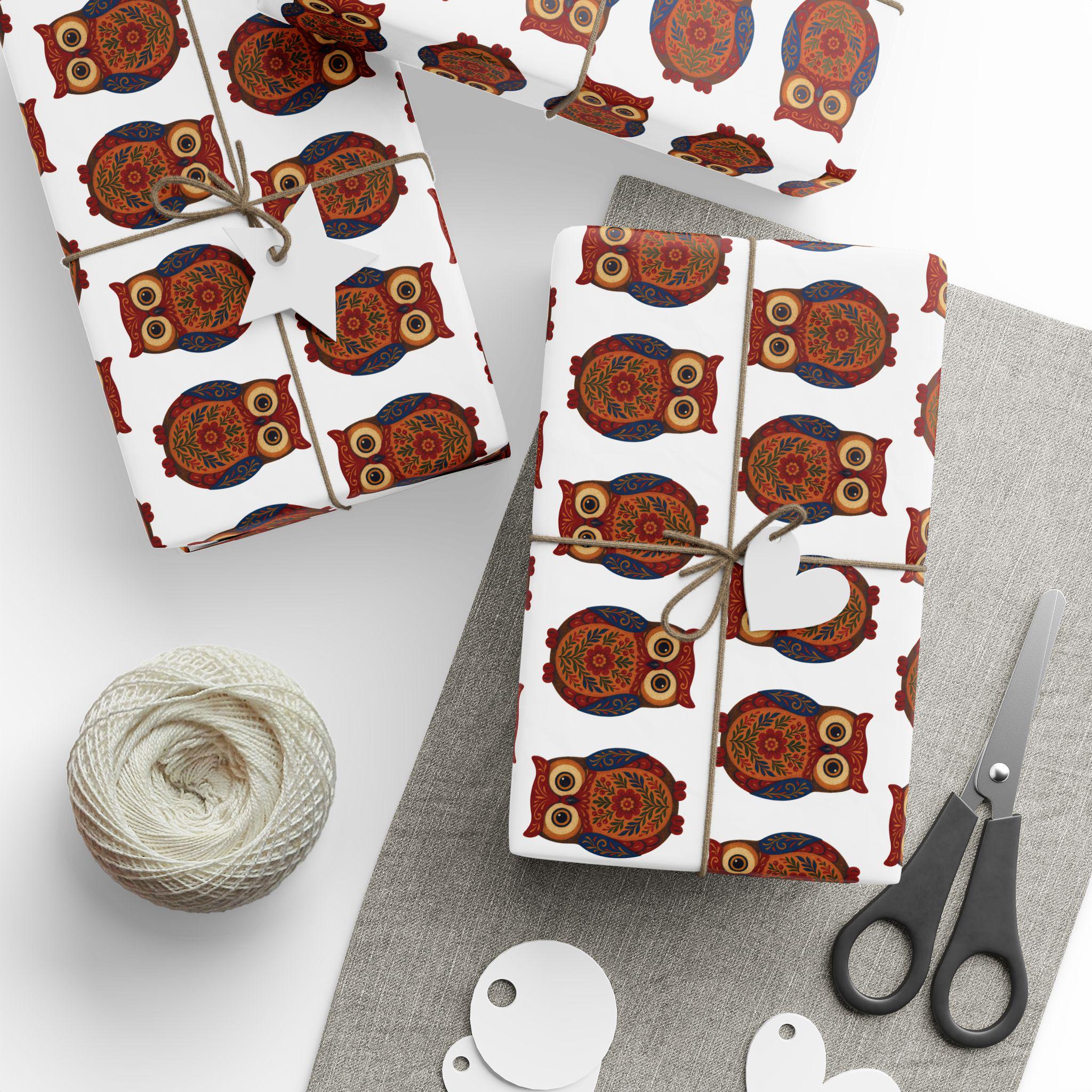 Folk Art Owl Gift Wrap - Festive Holiday Decorative Paper, Nature Lover Present Packaging, Unique Cr