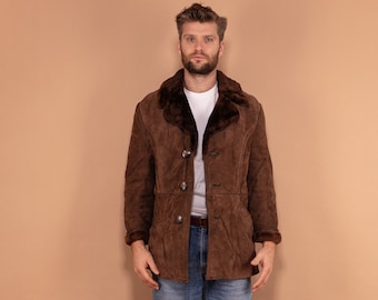 Sheepskin Suede Coat, Men Vintage Coat, Size S M L, Men Shearling Coat, Winter Outerwear, Retro Brown Overcoat, Boho Clothing, 70s Coat