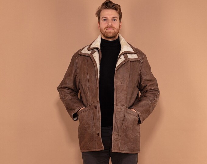 Shearling Leather Coat 90s, Size L Large, Men Zip Up Winter Coat, Vintage Brown Sheepskin Leather Coat, Classic 90s Second Hand Coat