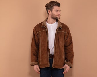 90's Western Sherpa Jacket, Size XL, Men Oversized Sherpa Lined Jacket, Faux Sheepskin, Vintage Lightweight Faux Suede Outerwear Jacket