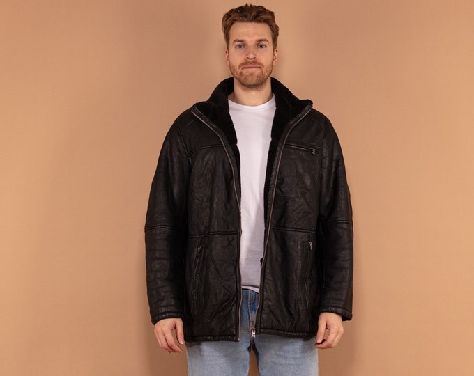 Men Leather Sherpa Jacket 90s, Size XL, Black Leather Winter Jacket, Biker Style Zip Up Sherpa Coat, Vintage Classic Everyday Autumn Jacket
