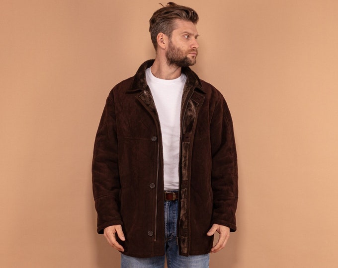 Faux Sheepskin Coat 90's, Size XL, Vintage Cruelty Free Shearling Coat, Vegan Suede Sherpa Coat, Zip Up Brown Cozy Winter Coat, Outerwear