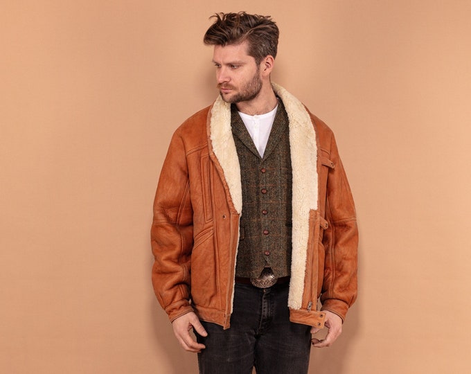 Sheepskin Men's Coat, Men Overcoat L, Western Outerwear, Heavyweight Winter Coat,  Massive Sheepskin Coat, Worn In Coat, Second Hand