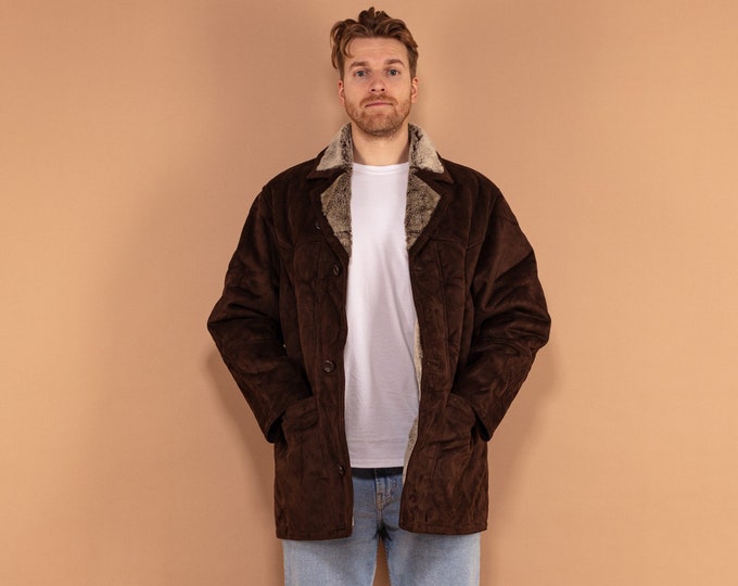 Faux Sheepskin Coat 90's, Size XL, Men Vegan Suede Sherpa Coat, Brown Winter Outerwear Coat, Faux Shearling Overcoat, Cruelty Free Coat
