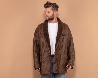 Vintage Men Sheepskin Coat 70's, Size Extra Large XL, Brown Leather Winter Coat, Shearling Coat, 70s Outerwear, Vintage Thick Overcoat