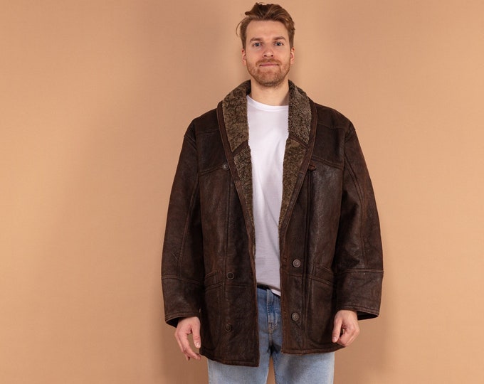 80s Sheepskin Coat, Size Large XL, Men Vintage Shearling Overcoat, Warm Winter Outerwear, Western Style Coat, Vintage 80s, Worn In Coat