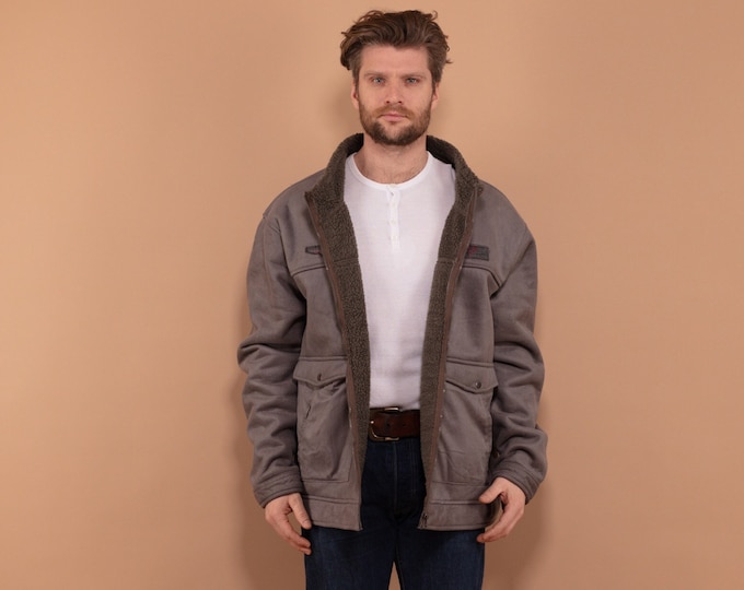 Gray Sherpa Insulated Jacket 00's, Size XXXL, Faux Sheepskin Jacket, Men Plus Size Clothing, Adventure Wear, Spring Jacket, Outerwear