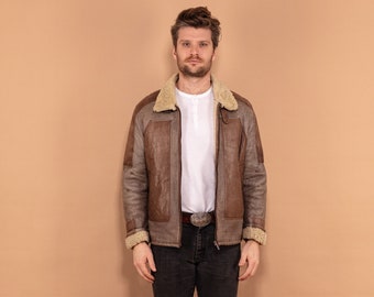 Lagerfeld Vintage Jacket, Size M Medium, Sheepskin Bomber Jacket 00's, Brown Leather Jacket, Designer Clothing, Aviator Jacket,Mens Clothing