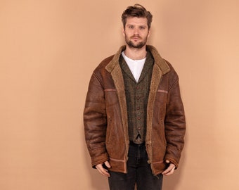 Sheepskin Leather Coat 90s, Size Large XL, Worn In Shearling Coat, Shearling Fur Coat, Retro Leather Overcoat, Boho Winter Coat, Pre Owned
