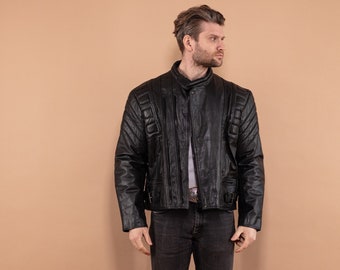 Vintage 70s Leather Biker Jacket - Moto Racing Outerwear (L/XL)