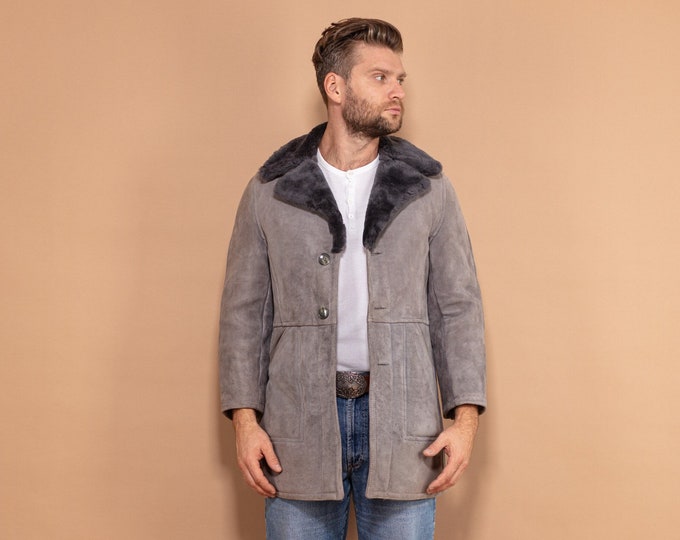 Gray Sheepskin Coat 70's, Size Small, Men Shearling Coat, Minimalist Casual Winter Coat, Grey Overcoat, Soft Suede Coat, Winter Outerwear