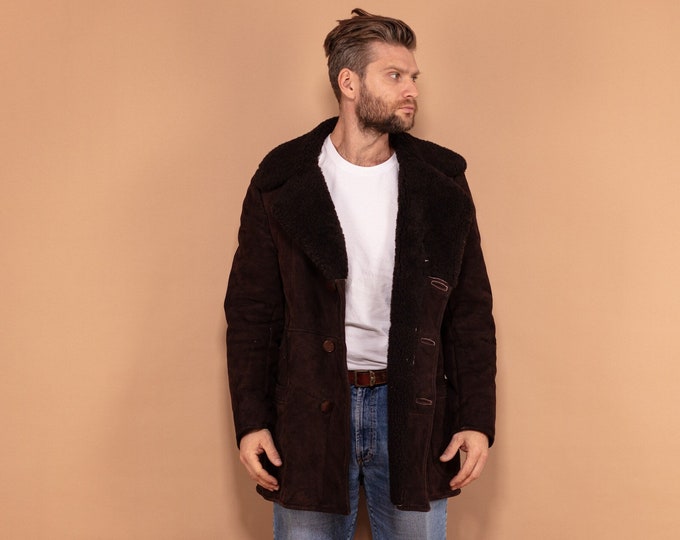 Men Sheepskin Coat, Size S M L, Vintage Coat, Suede Coat, 70's Winter Clothing, Brown Shearling Coat, Western Outerwear, Boho Outerwear