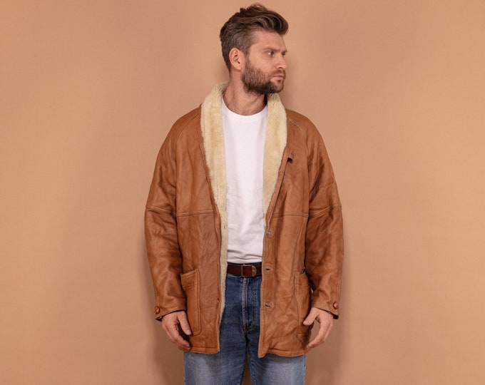80's Sheepskin Leather Coat, Size Large, Vintage Men Original Shearling Western Coat, Retro 80s Outerwear Coat, Caramel Brown Leather Coat