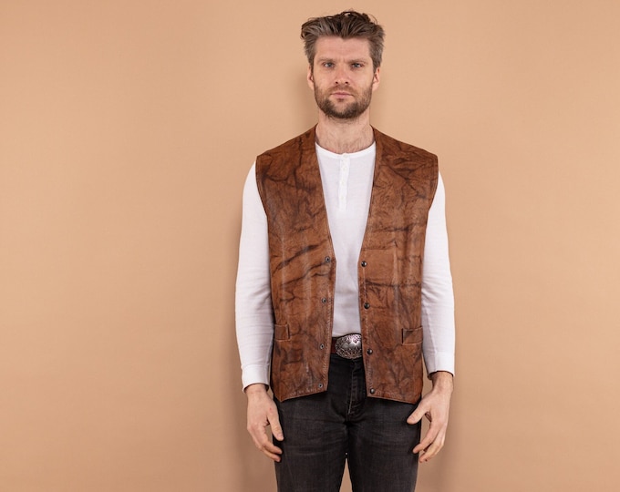 Brown Leather Vest, Size Large L Vest, Men Biker Vest, Vintage Leather Vest, Mens 1980s Vest, Vintage Clothing, Mens Clothing, BetaMenswear