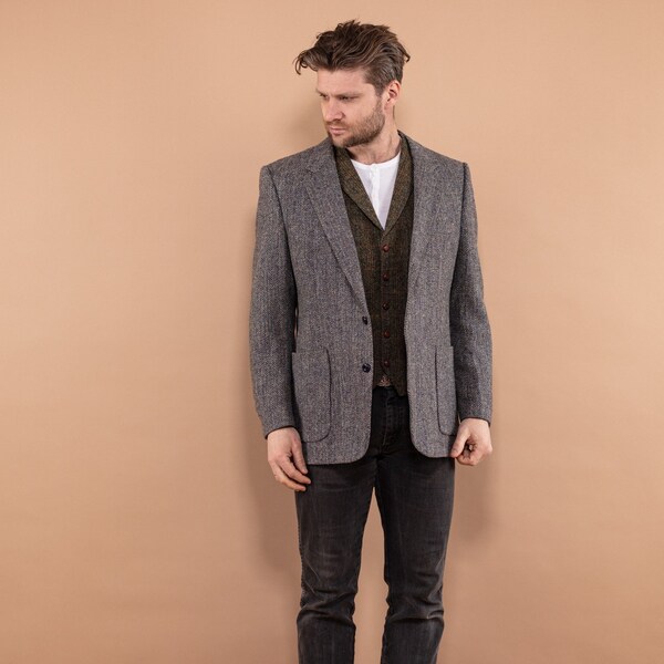 Herringbone Tweed Blazer 80's, Size M Medium, Harris Tweed Vintage Pure New Wool Blazer Jacket, Retro Sport Coat, Gray Wool Jacket