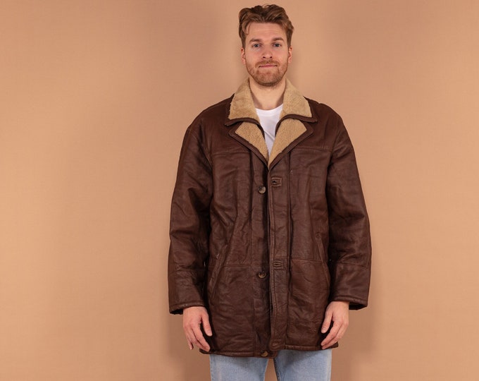 Brown Shearling Coat 90's, Size Large L, Vintage Sheepskin Coat, Mens Brown Leather Overcoat, Cozy Winter Coat, Timeless Winterwear