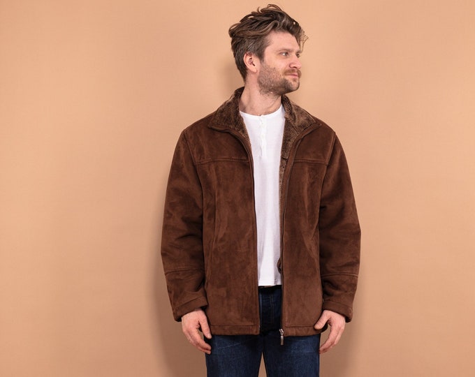 Faux Sheepskin Jacket, Men size L Spring Jacket, Western Cowboy Outerwear, Faux Shearling Jacket, Retro Jacket, Brown Sherpa Jacket 90's