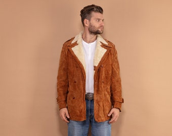 Manteau western en daim Sherpa des années 70, taille moyenne, manteau de cowboy marron caramel vintage, veste isolée rétro des années 70, manteau d'hiver bohème croisé