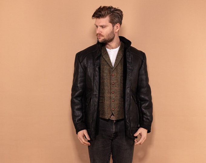 Black Sheepskin Jacket, XL Size 90's Vintage Jacket, Southwestern Jacket, Warm Shearling Coat, Old Fashioned Overcoat, Black Fur Jacket
