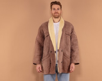 Abrigo de piel de oveja vintage para hombre, años 80: abrigo de piel de oveja marrón, talla grande