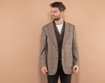 Blazer in lana vintage anni '80, taglia XL grande, blazer Harris Tweed Stye, abbigliamento da uomo retrò, giacca in lana scozzese vintage, elegante blazer preppy