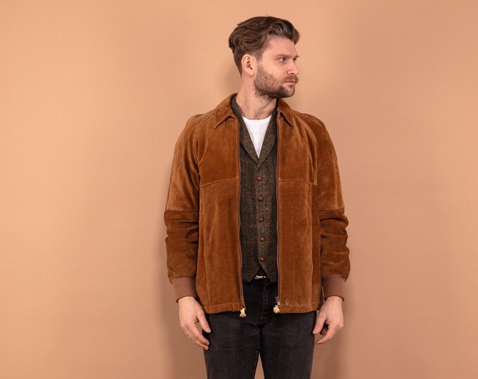 Suede Bomber Jacket, Men Size S Suede Jacket, Retro Suede Bomber jacket, Casual Suede Jacket, Retro Jacket, Brown Sherpa Jacket 90's