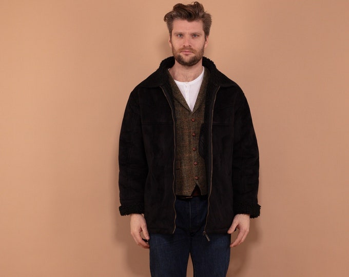 Faux Shearling Jacket 90s, Size XL, Men Cruelty Free Jacket, Casual Velvet Zip Up Jacket, Cozy Spring Wear, Outerwear, Faux Shearling Jacket