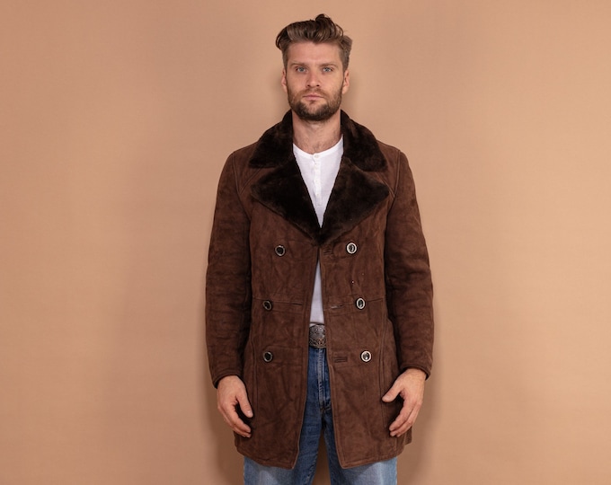 Double Breasted 70's Shearling Coat, Size Small, Men Vintage Suede Coat, Dark Brown Winter Coat, Sheepskin Outerwear, Gift for Men