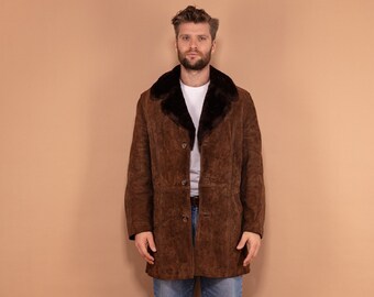 Vintage 70s Suede Sherpa Coat: Brown Faux Sheepskin, Size M