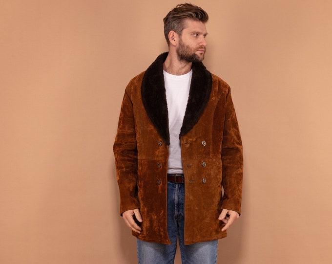 Brown Velour Sherpa Coat 90's, Size Large, Men Faux Sheepskin Coat, Vegan Shearling Fur Coat, Retro Style Overcoat, Velvet Outerwear