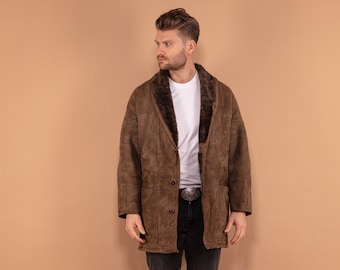 Vintage 80s Sheepskin Shearling Coat - Brown Suede Overcoat, Made in Spain (Size M)