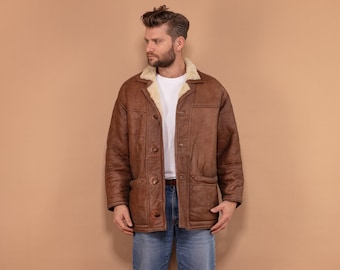 Abrigo vintage de piel de oveja marrón de los años 80, talla mediana para hombre