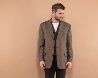 90er Jahre Herren Wollblazer, Größe L Groß, Harris Tweed Stye Blazer, Retro Herrenbekleidung, Vintage Karierte Wolljacke, Eleganter Preppy Blazer