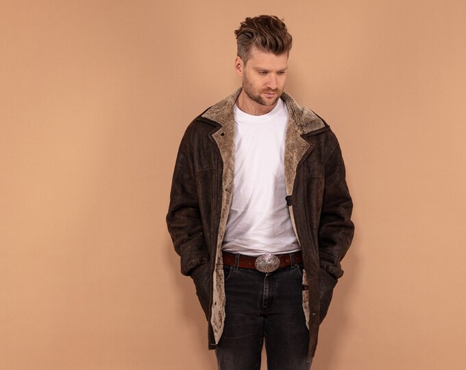 Sheepskin Leather Coat Men, Classic Shearling Overcoat XL, Brown