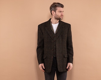 Karierter Tweed Blazer 90er Jahre, Größe XL Männer Klassischer Blazer, Karierter Wollblazer, Frühlingsblazer, BeigeMenswear, Retro Sakko