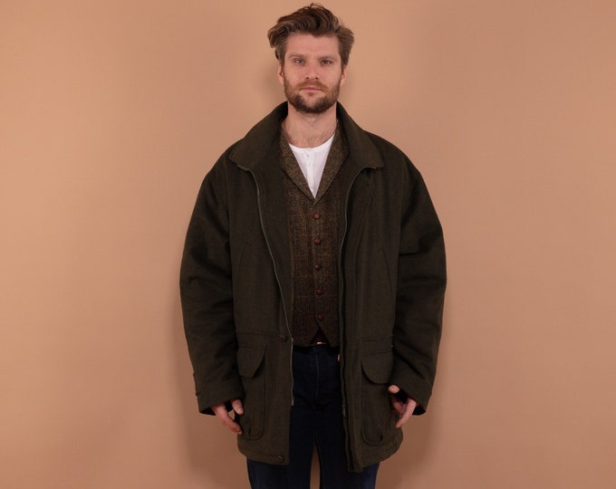 Padded Wool Blend Parka Coat 90's, Size XXL, Khaki Green Men Winter Coat, Vintage Insulated Zip Up Coat, Casual Oversized Jacket, Outerwear