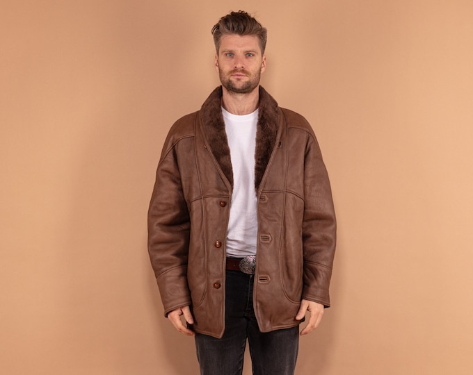 Brown Leather Shearling Coat 80's, Size Large, Men Sheepskin Coat, Retro Outerwear, Vintage Casual 80s Coat, Button Up Winter Coat