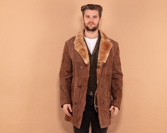 Cappotto di pelle di pecora da uomo anni '70, Taglia M, Cappotto invernale accogliente vintage, Cappotto Boho marrone doppio petto, Abbigliamento retrò anni '70, Capispalla in pelle scamosciata, Senza tempo