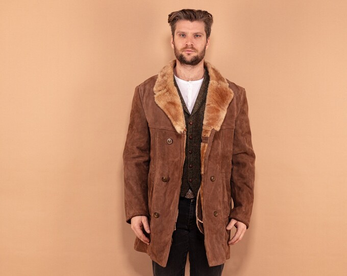 Men Sheepskin Coat 70's, Size M, Vintage Cozy Winter Coat, Double Breasted Brown Boho Coat, Retro 70s Clothing, Suede Outerwear, Timeless