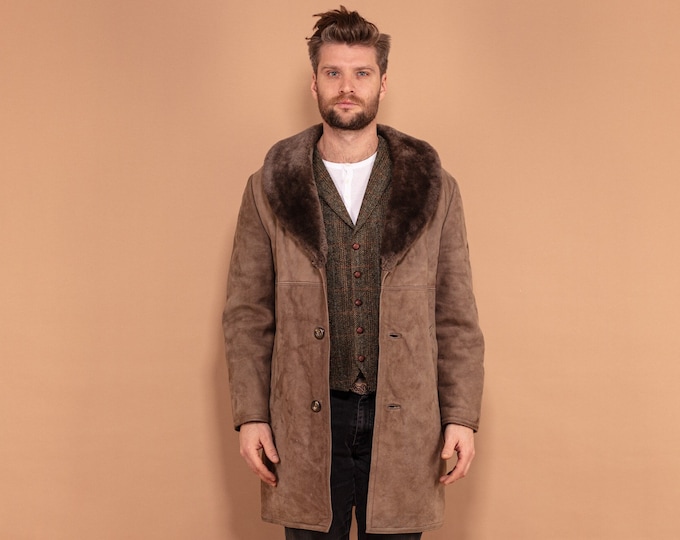 Sheepskin Men's Coat 70's, Size M Vintage Boho Shearling Coat, Retro Winter Coat, Western Men Outerwear, Beige Overcoat, 70s Men Outerwear