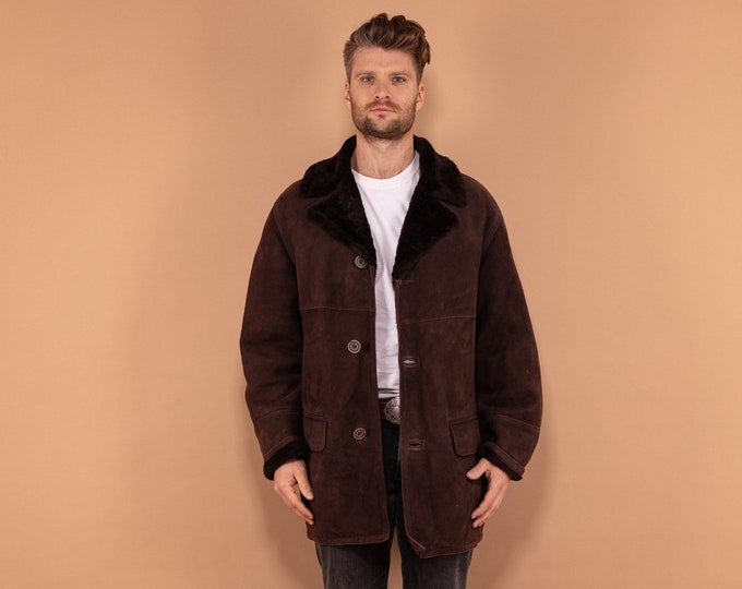 70's Shearling Suede Coat, Size Medium, Men Vintage Casual Coat, Dark Brown Winter Coat, Retro Sheepskin Outerwear, Wool Collar Coat