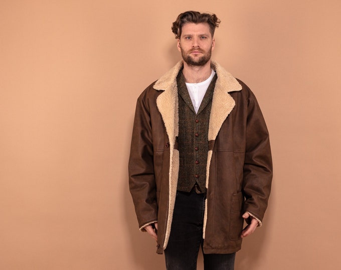 Oversized Sherpa Coat, Men Size XXL Size Faux Sheepskin Coat, Western Cowboy, Faux Shearling Coat, Retro Leather Coat, Vintage Sherpa Coat